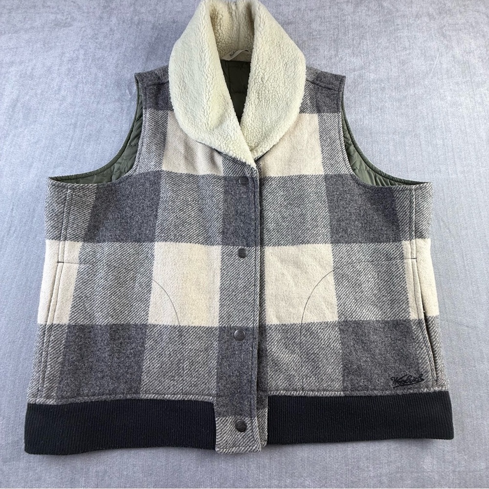 Woolrich Womens Buffalo Plaid Wool‎ Blend Sherpa Collar Quilted Vest Grey XL